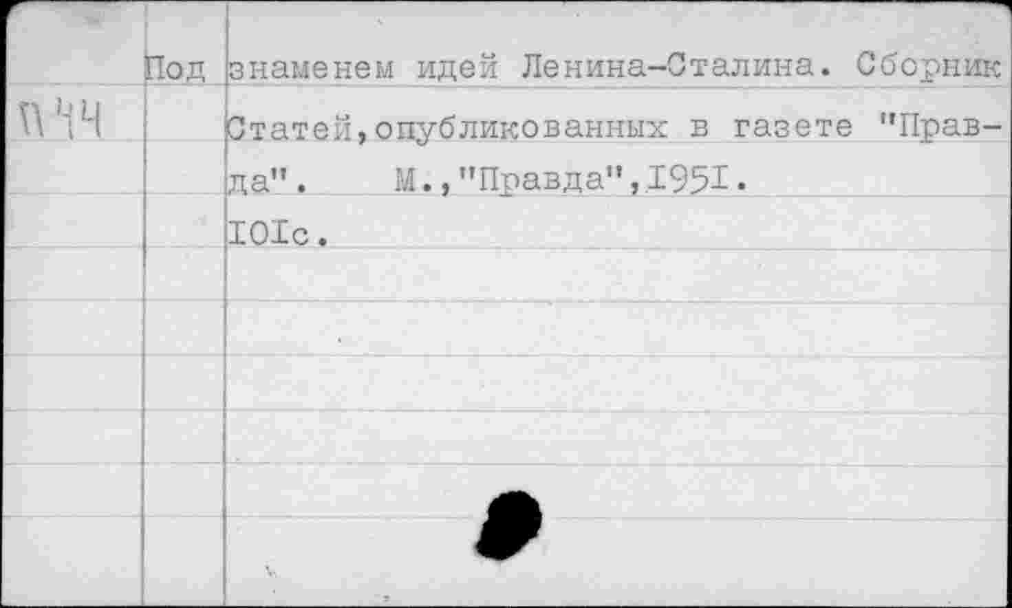 ﻿	Под	знаменем идей Ленина-Сталина. Сборник
Йч		Статей,опубликованных в газете ’’Прав-
		да".	М., "Правда",.195-1.
		101с.
		•
		
		
		
		
		